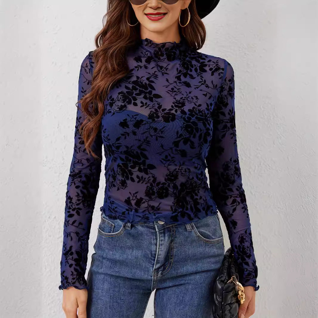 Women's Sexy Brateless Stand-Up Collar Mesh T-Shirt Top