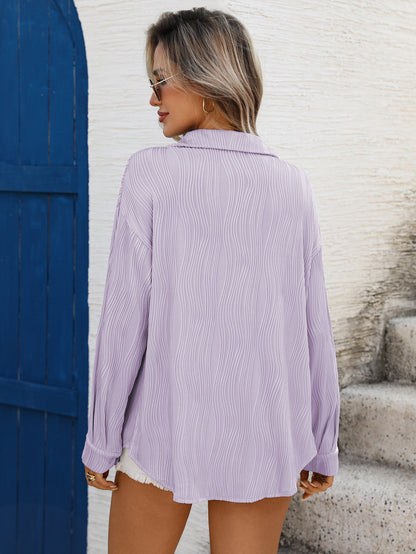Light Purple Textured Oversized Button Down Tie Front Shirt