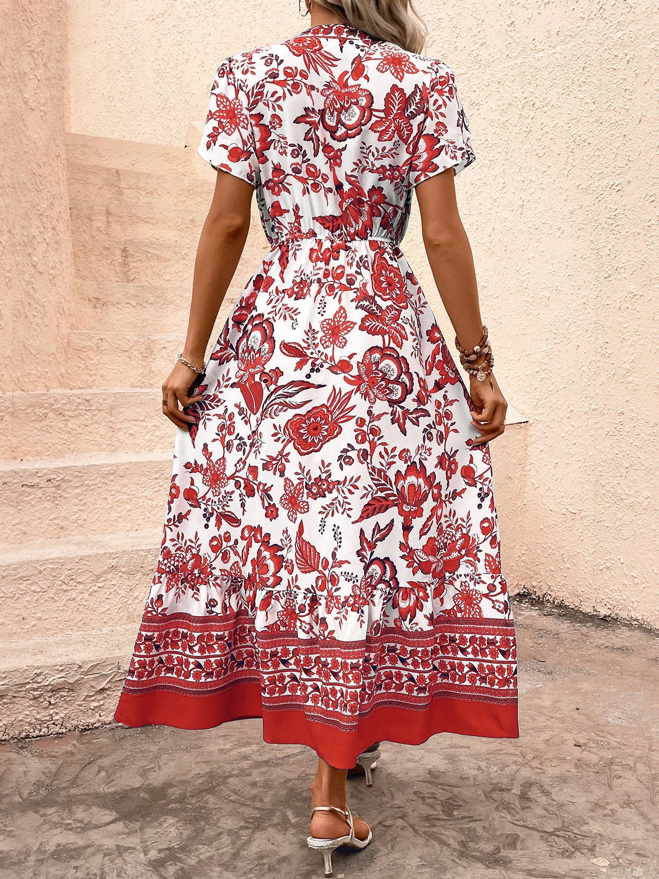 Blue Floral Boho Maxi Dress V Neck Vacation Midi Dress