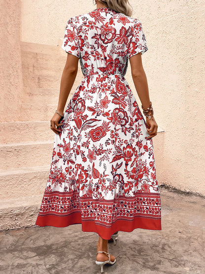 Blue Floral Boho Maxi Dress V Neck Vacation Midi Dress