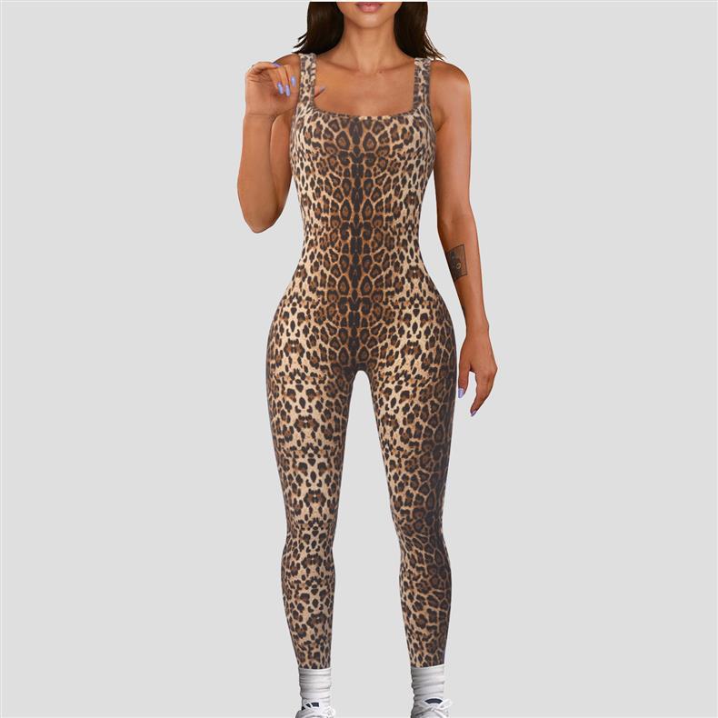 Women's Animal Print Square Neck Backless Bodycon Jumpsuit