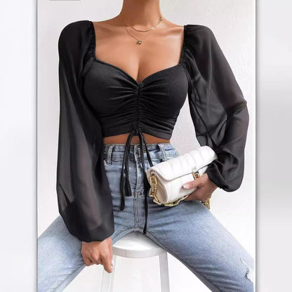 Women's Ruched Tie Front Crop Top Sheer Puff Sleeve Blouse