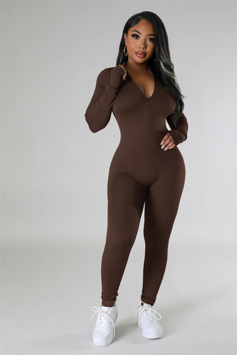 Fleece Lined Zip Up Long Sleeve Bodycon Jumpsuit