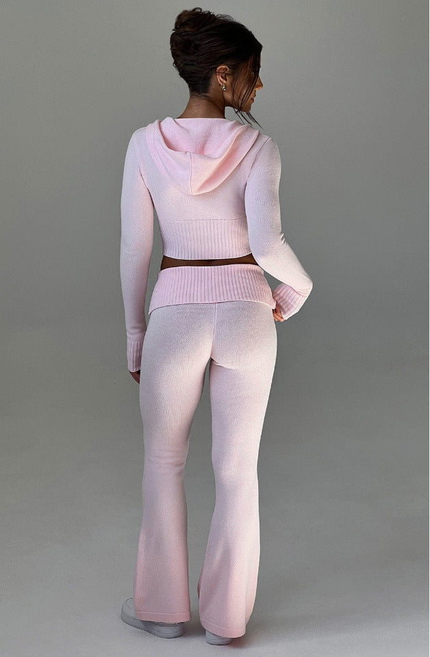 Women's 2 Piece Knit Hoodie Crop Top Pants Set