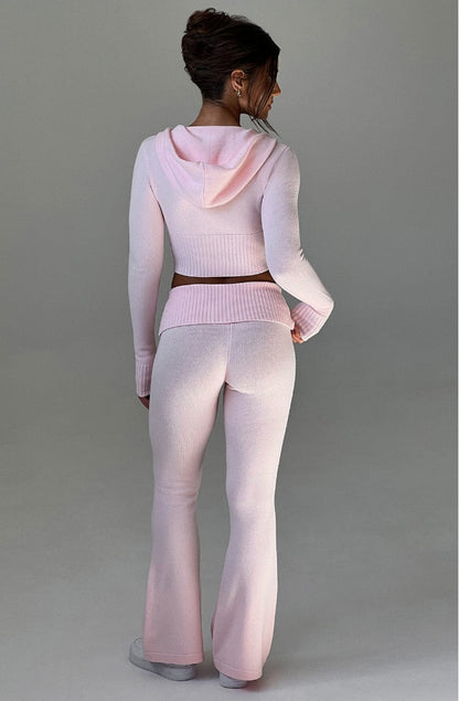 Women's 2 Piece Knit Hoodie Crop Top Pants Set