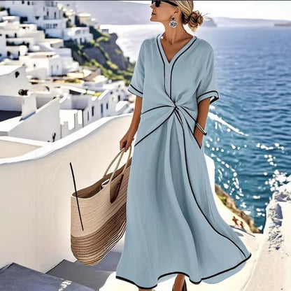Women's Boho Linen Blend V-Neck Twist Front Maxi Dress