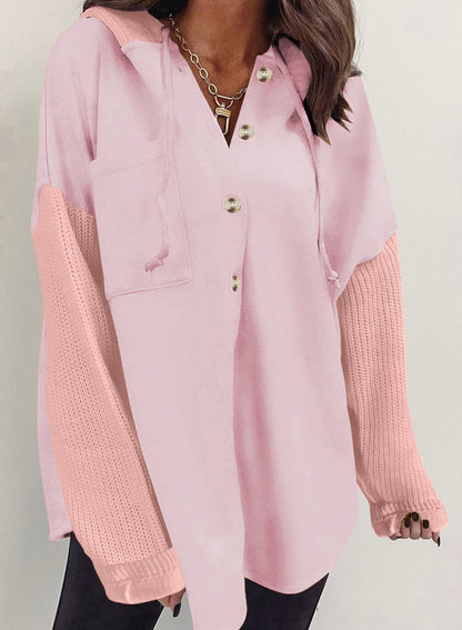 2025 Fall/Winter Colorblock Knit Sleeve Hoodie – Casual Button Down Top