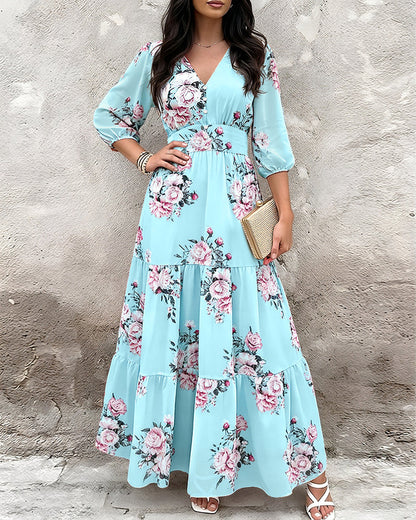 Floral Chiffon Maxi Dress V-Neck 3/4 Sleeve Smocked Tiered