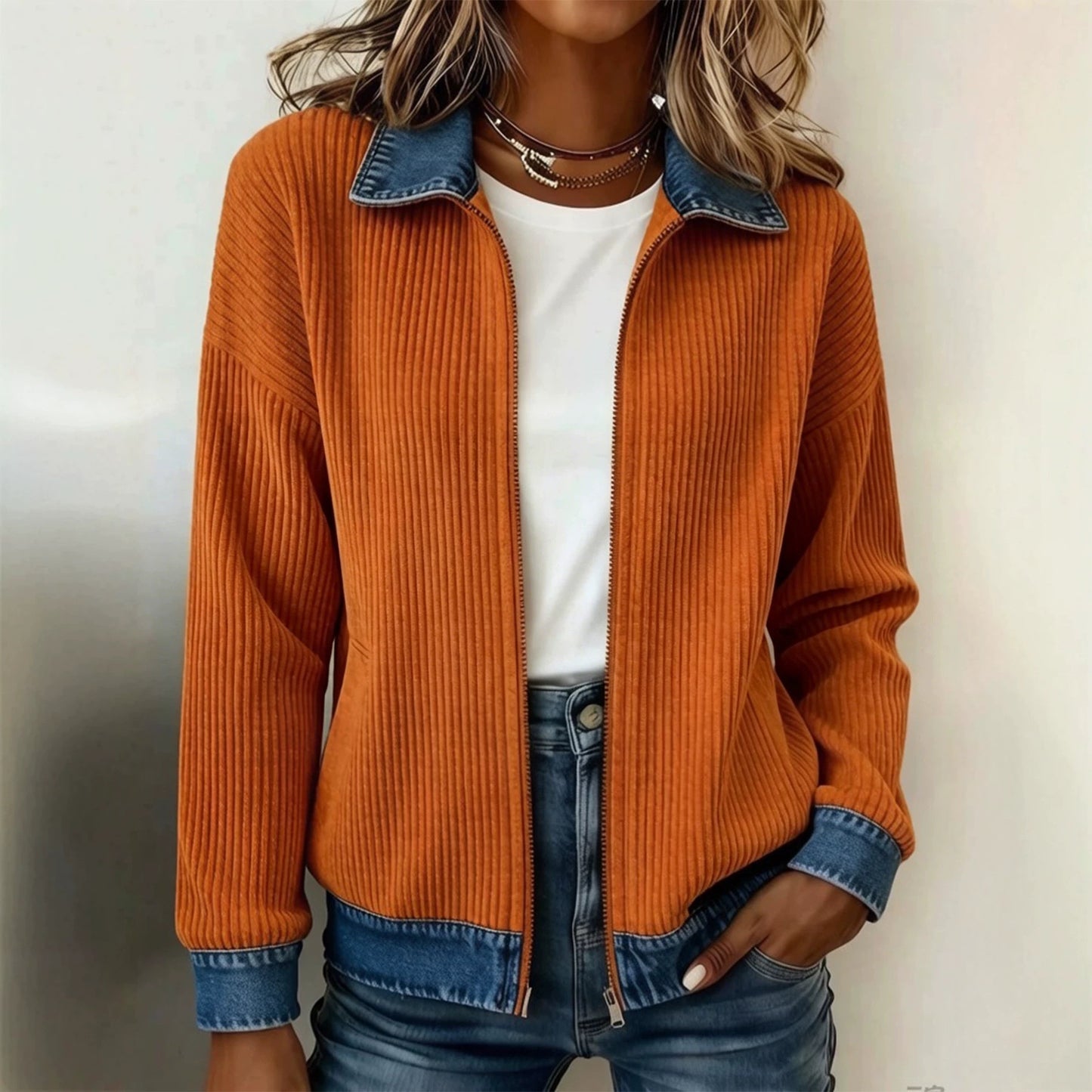 Women's Denim Patchwork Zip-Up Cardigan