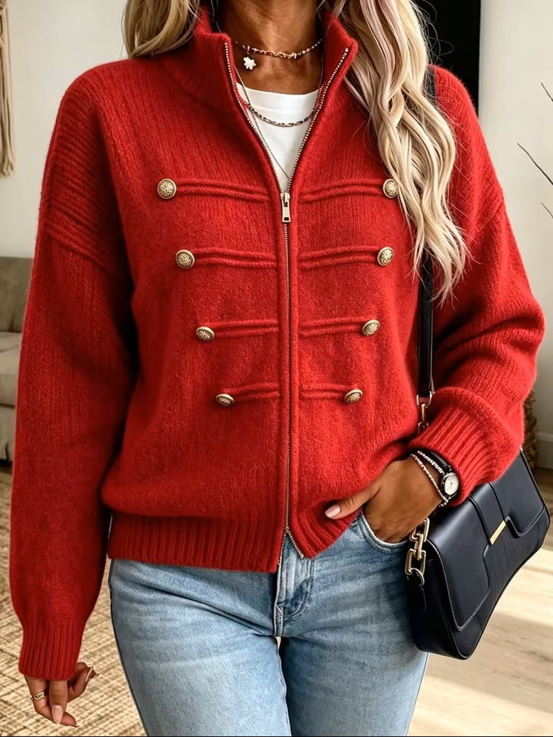 Womens Oversized Zip Up Cardigan Button Detail Mock Neck