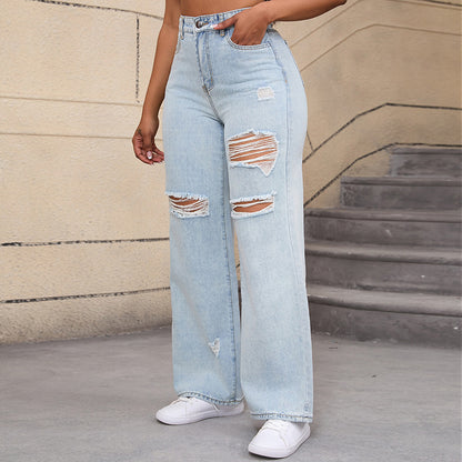 Ripped Denim Wide Leg Pants High Waist Casual Jeans