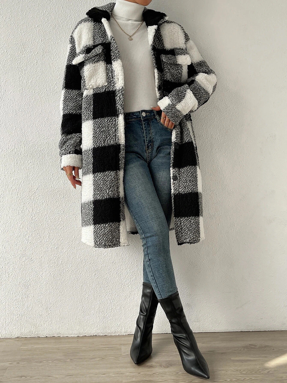 Women's Plaid Sherpa Fleece Long Coat Collared Jacket