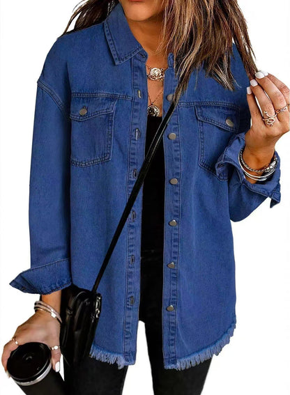 Women's Oversized Denim Shacket Frayed Hem