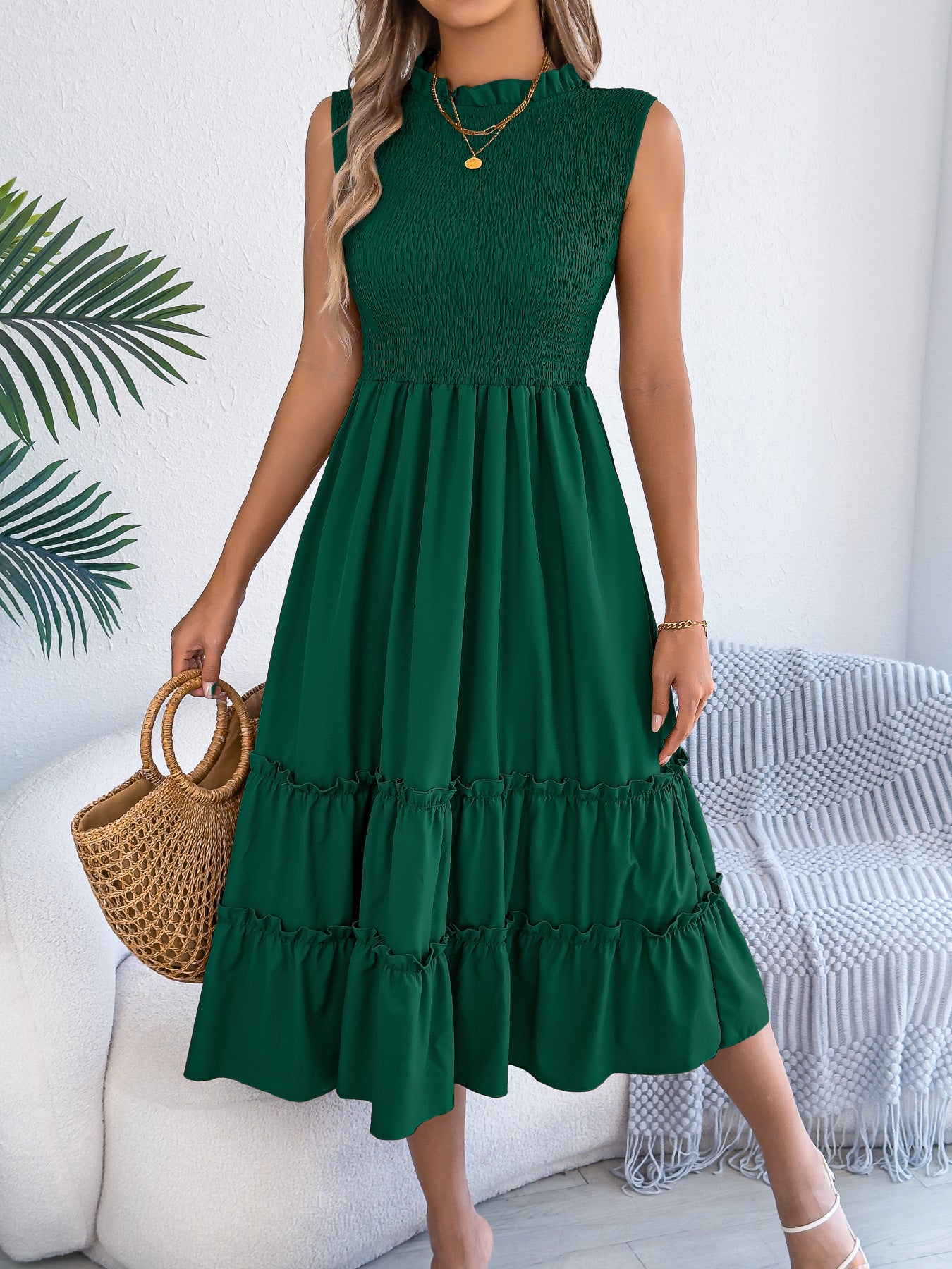 Smocked Sleeveless Ruffle Midi Dress Flowy Summer
