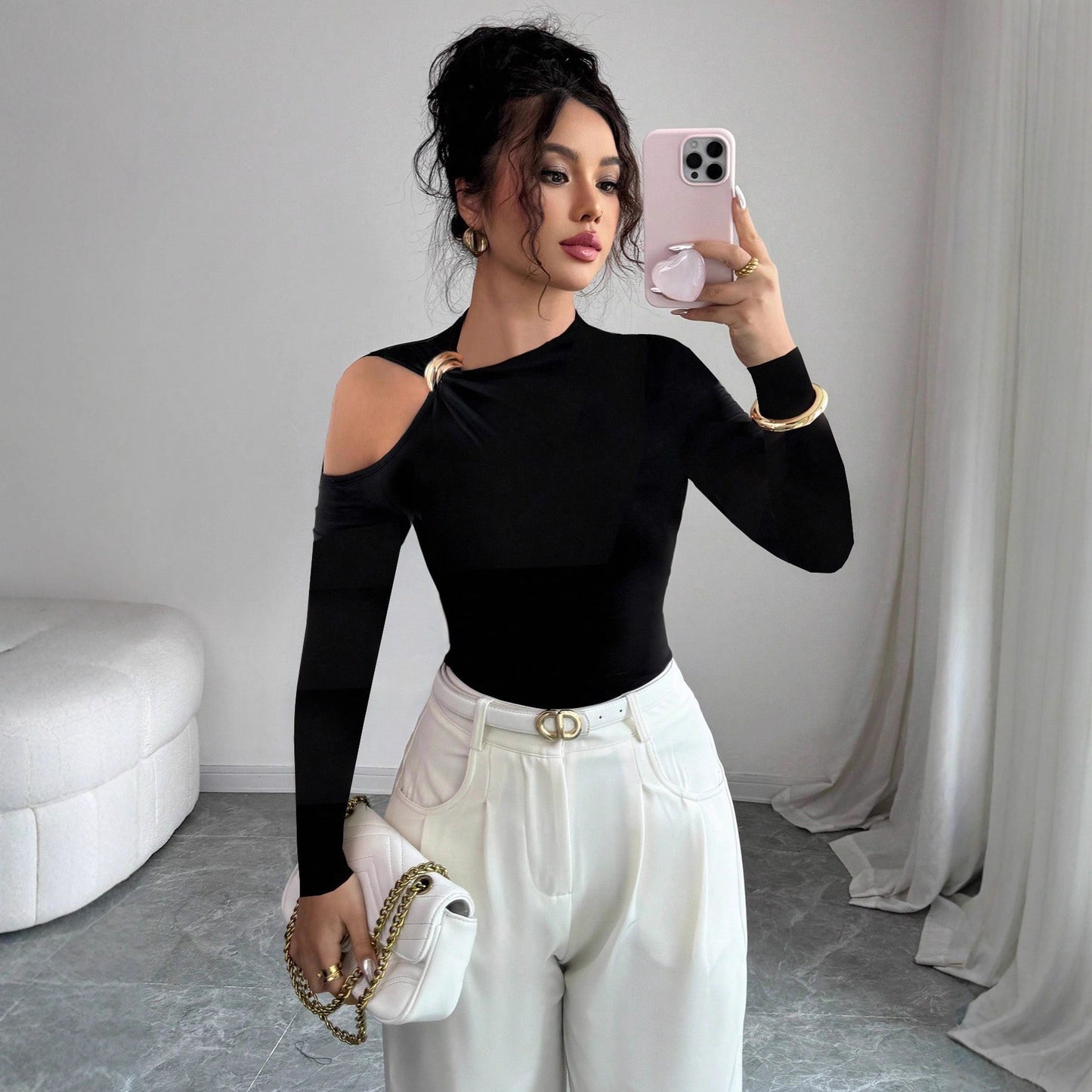 Asymmetrical One Shoulder Ring Long Sleeve Top