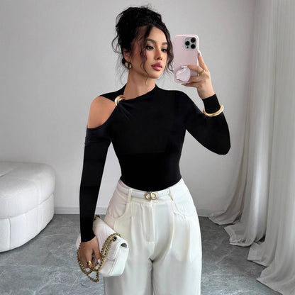 Asymmetrical One Shoulder Ring Long Sleeve Top