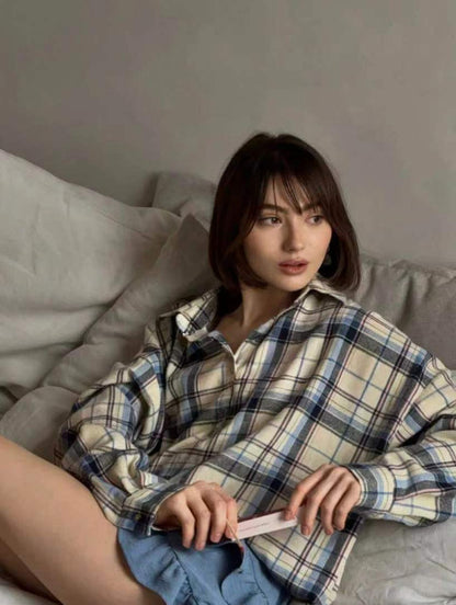 Women's Oversized Plaid Long Sleeve Button Down Shirt