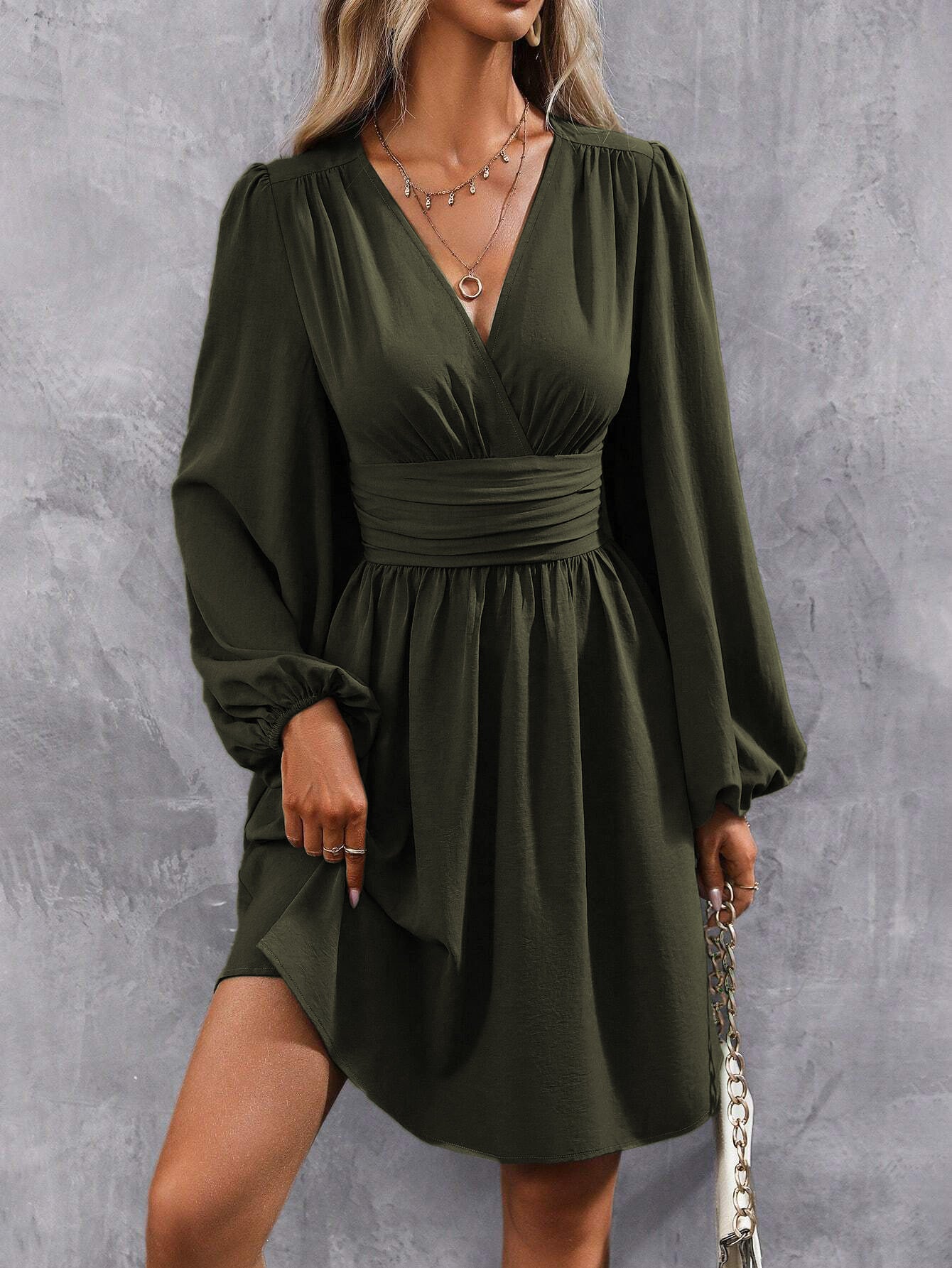 Women's V-Neck Balloon Sleeve Ruched Waist A-Line Dress