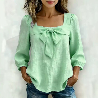 Women's Square Neck Bow Front Puff Sleeve Blouse