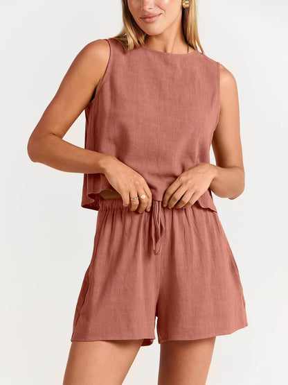Sleeveless Top and Drawstring Shorts Two Piece Set