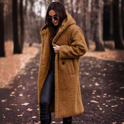 Womens Oversized Long Teddy Coat Lapel Button Jacket