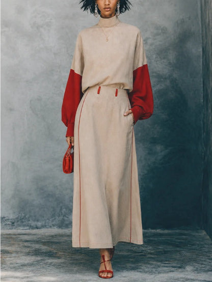 Women's Colorblock Balloon Sleeve Top & Maxi Skirt Set