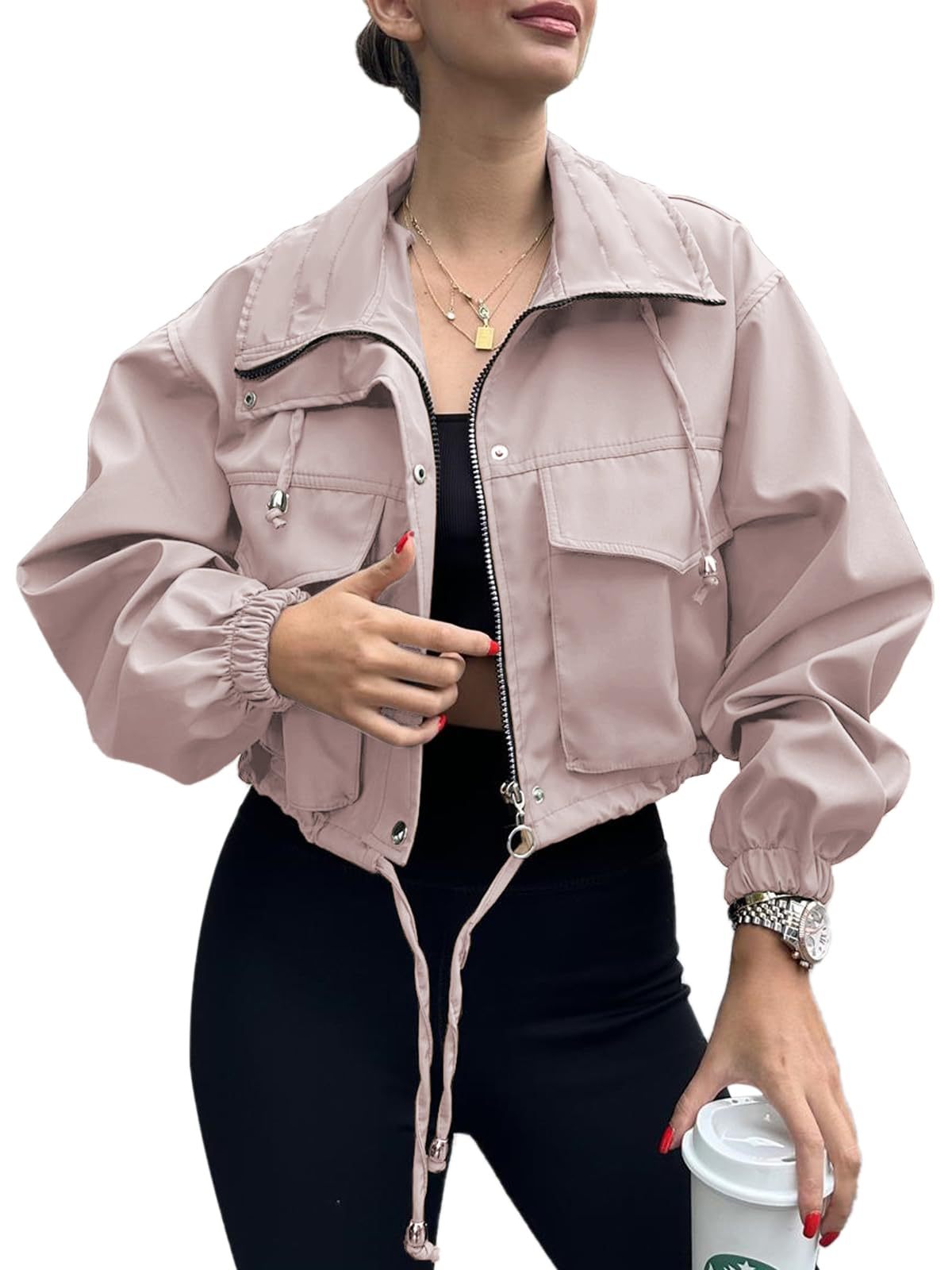 Solid cropped utility jacket zip front relaxed fit