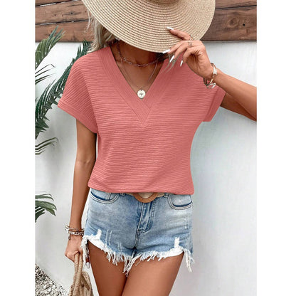 Textured V Neck Short Sleeve Top for Summer Women