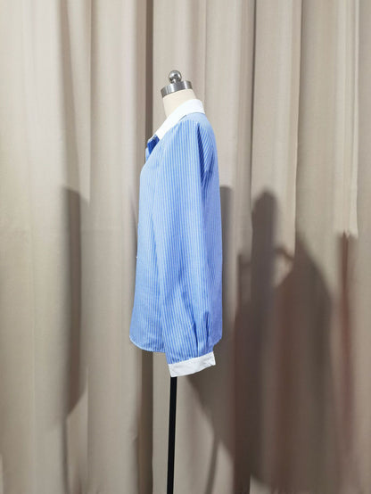 Women's Blue Striped Contrast Collar Long Sleeve Blouse