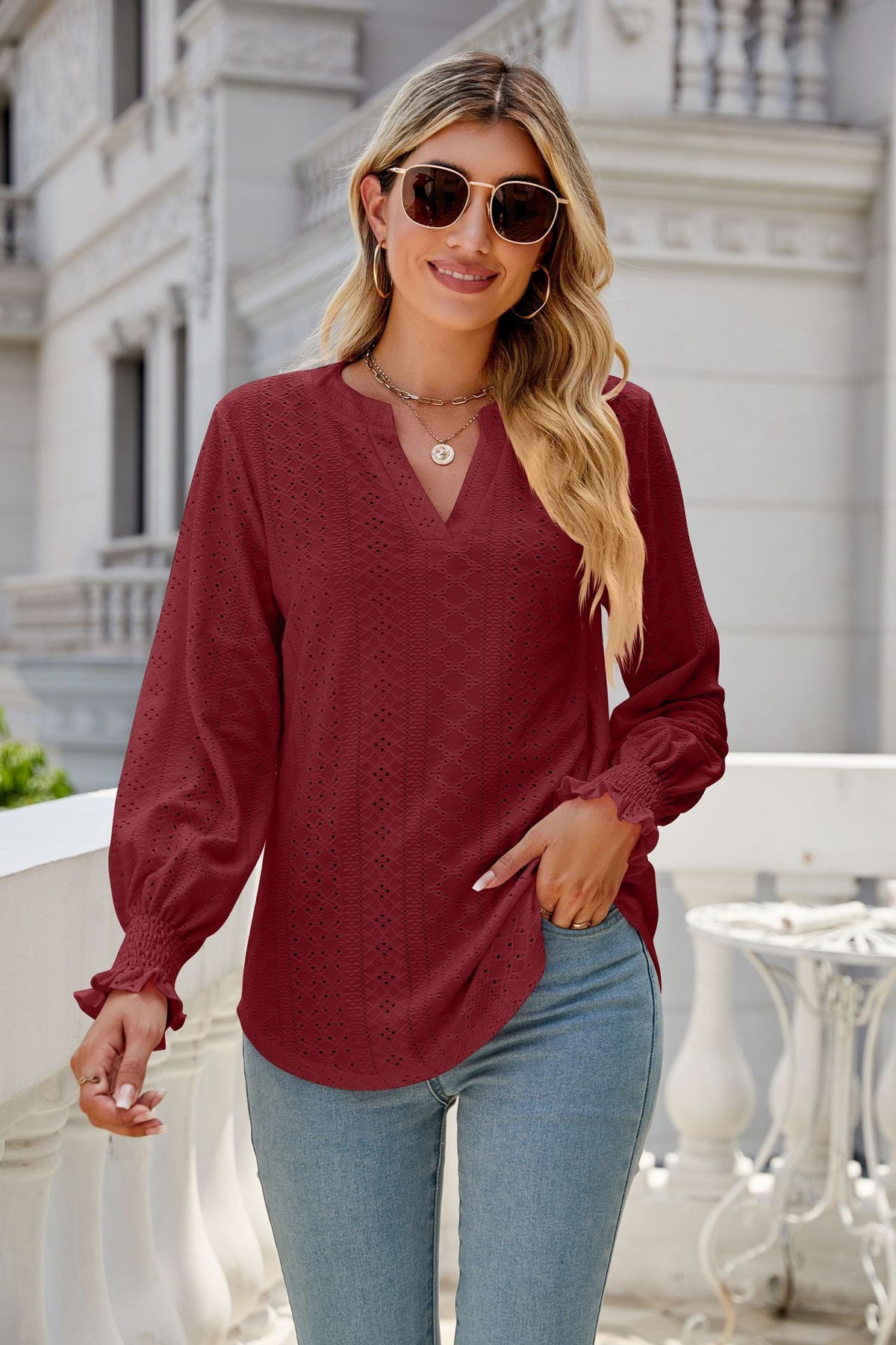 Women's Eyelet V-Neck Long Sleeve Ruffle Cuff Loose Blouse