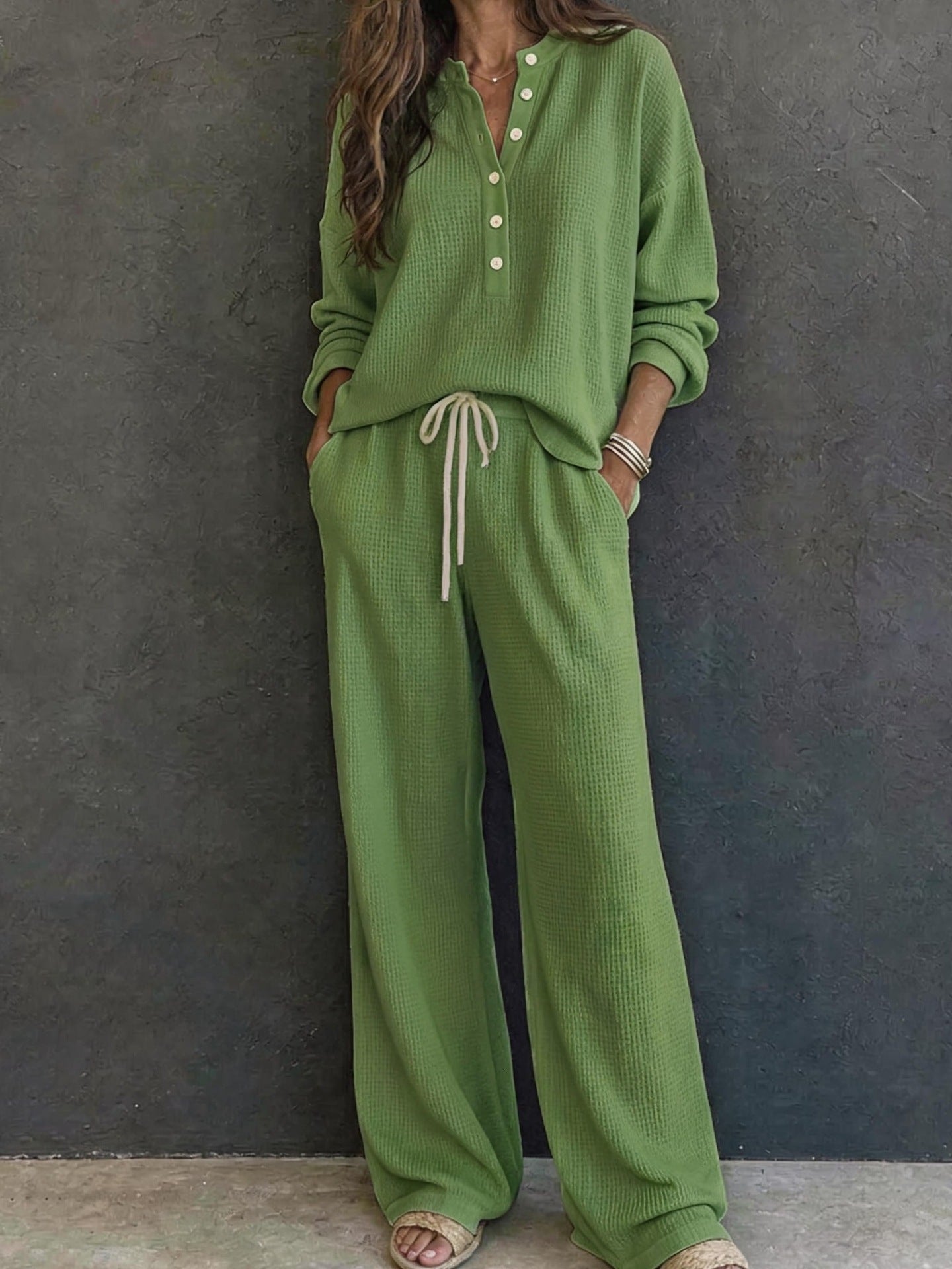 Waffle Knit Two Piece Lounge Set Wide Leg Pants