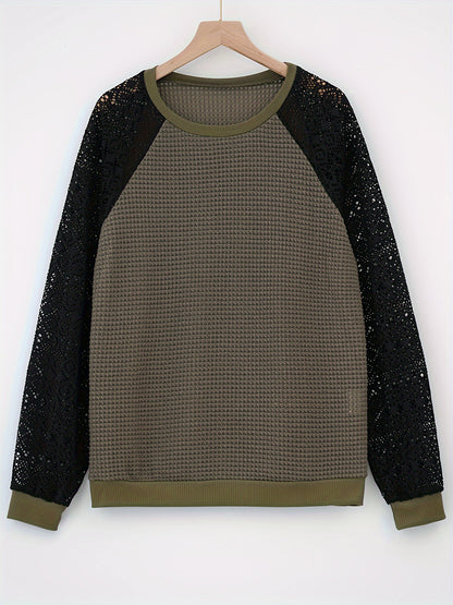 Women's Crochet Lace Sleeve Waffle Knit Top