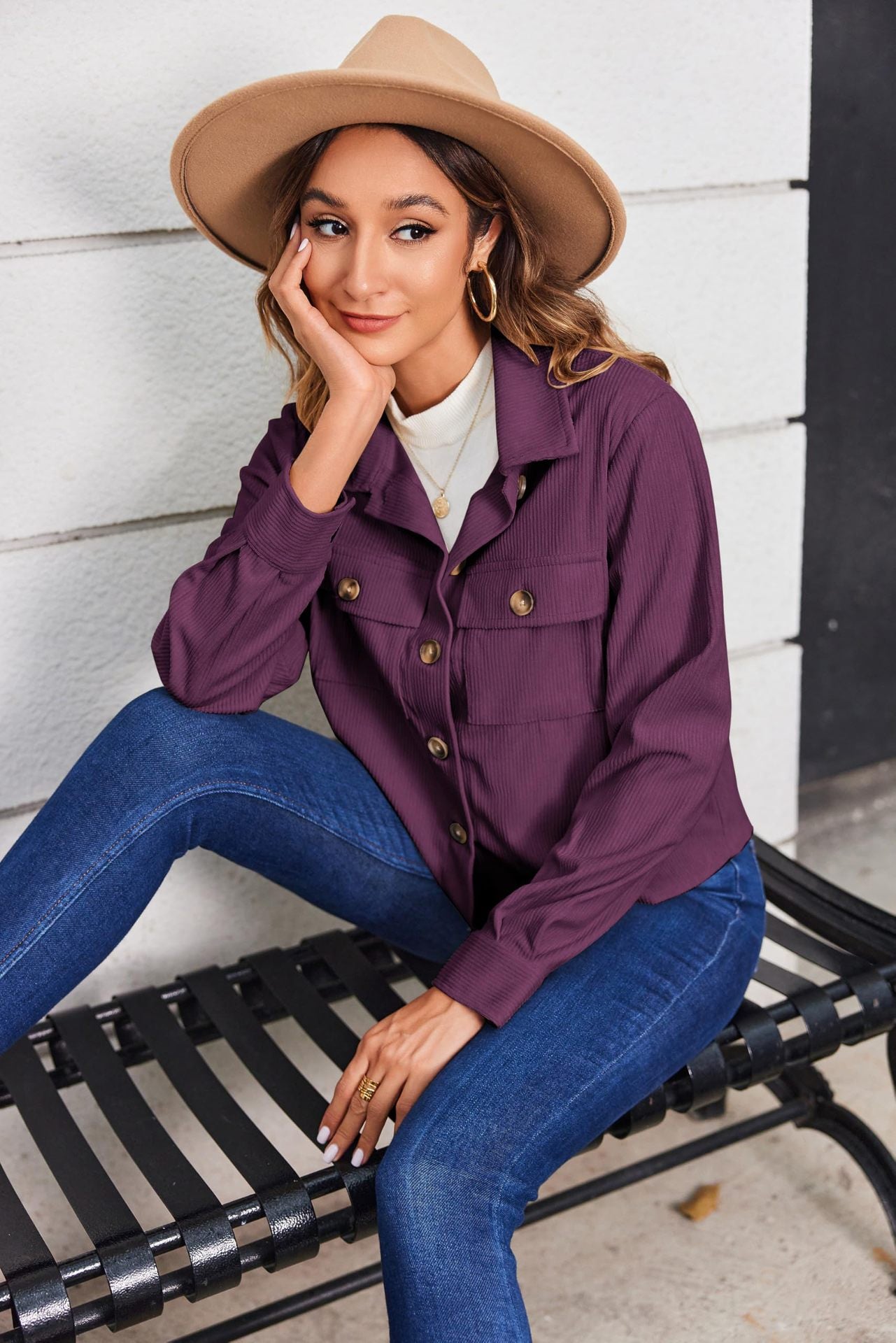 Women's Corduroy Cropped Shacket Button Down Jacket