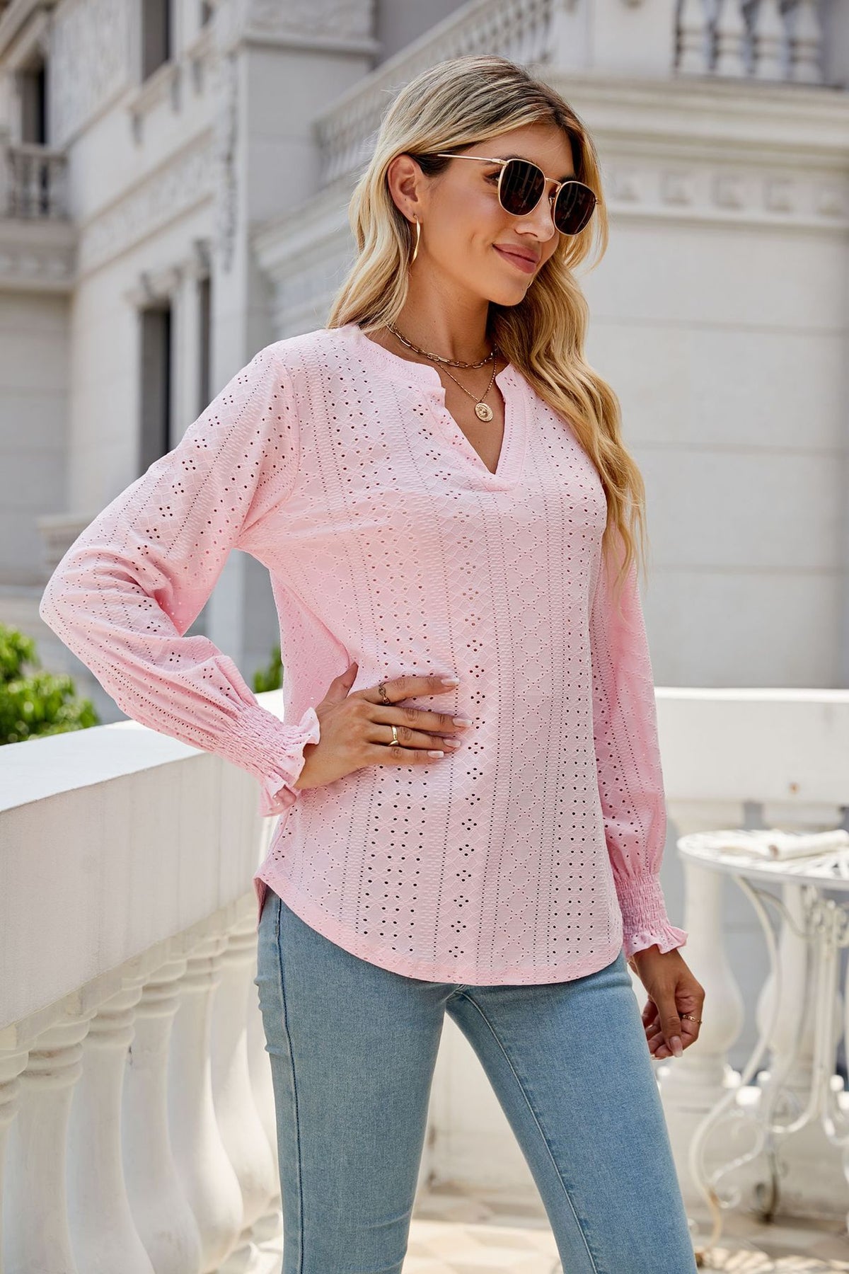 Women's Eyelet V-Neck Long Sleeve Ruffle Cuff Loose Blouse