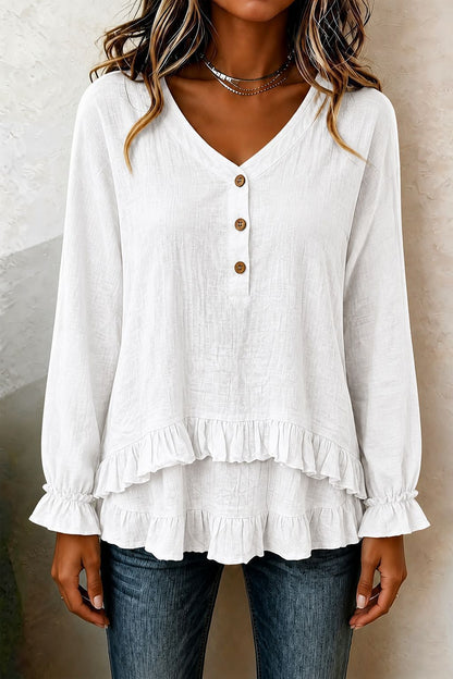 Women's V Neck Ruffle Long Sleeve Tiered Blouse