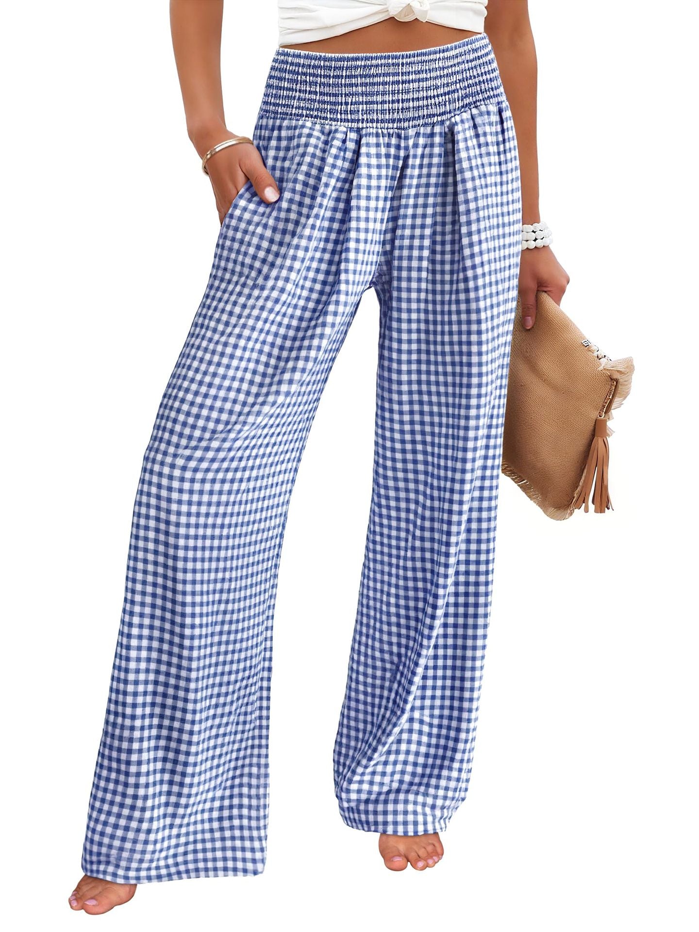 Gingham High Waist Wide Leg Pants with Pockets