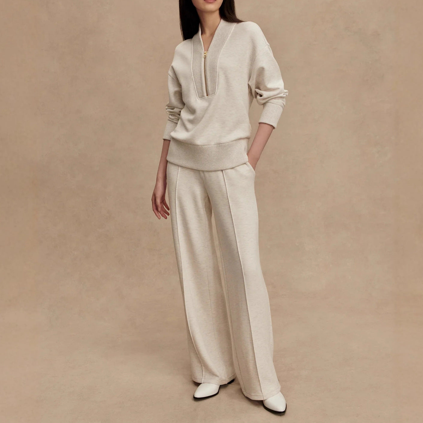 Women's Half Zip Knit Sweater Wide Leg Pants Set