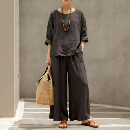 Women's Linen Cotton Matching Set Wide Leg Pants Two Piece