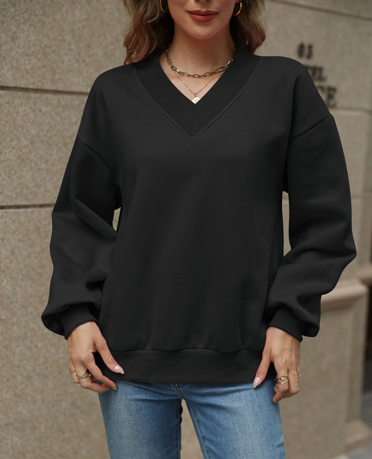 Colorblock V Neck Fleece Sweatshirt Women Casual Pullover Top