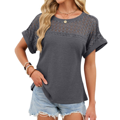 Crochet Lace Yoke Short Sleeve Waffle Knit Casual Top