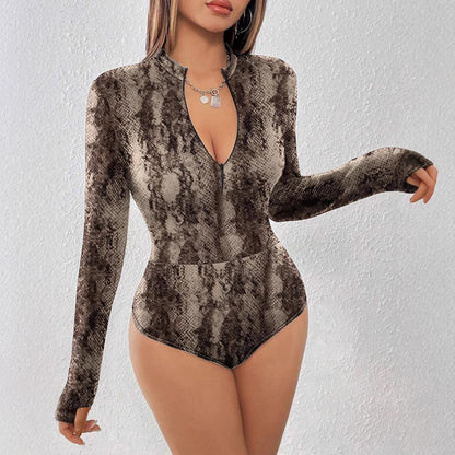 Women's Leopard Zip Front Bodysuit Long Sleeve Thumb Hole