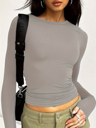 Women's Fitted Long Sleeve Crop Top Round Neck Basic Tee