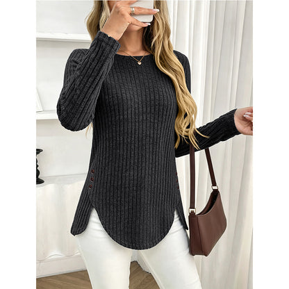 Ribbed Brushed Knit Button Side Long Sleeve Top