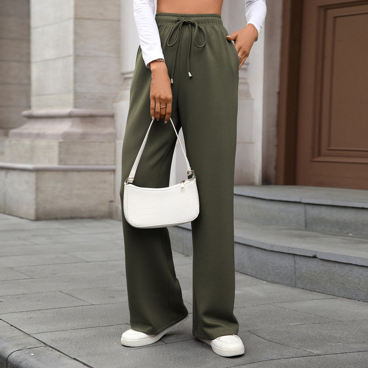 Womens Wide Leg Pants Elastic Waist Drawstring Pockets