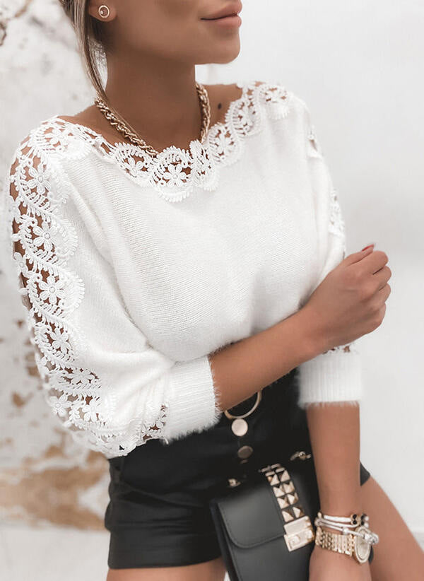 Women's Off Shoulder Lace Sleeve Knit Sweater Top