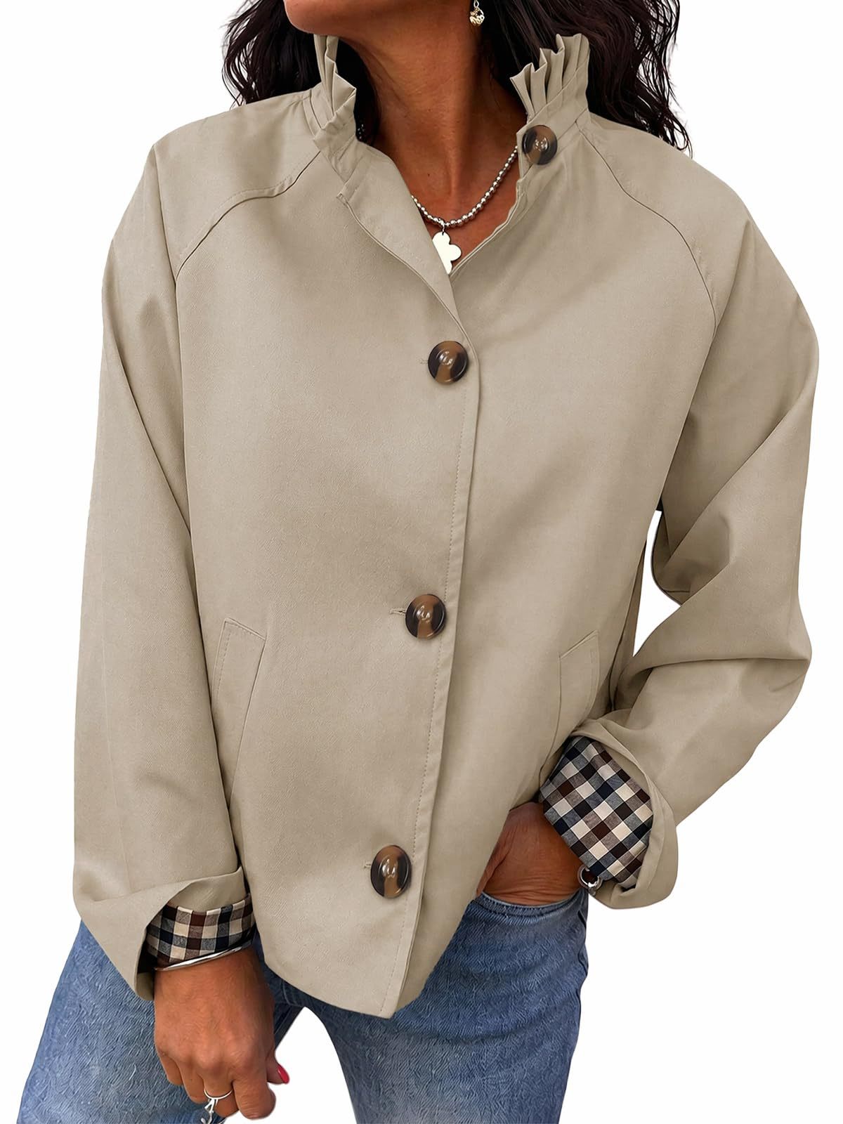 Women's Ruffle Stand Collar Button Front Jacket