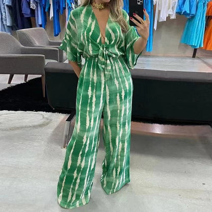 Women's V-Neck Printed Tie Waist Wide Leg Jumpsuit