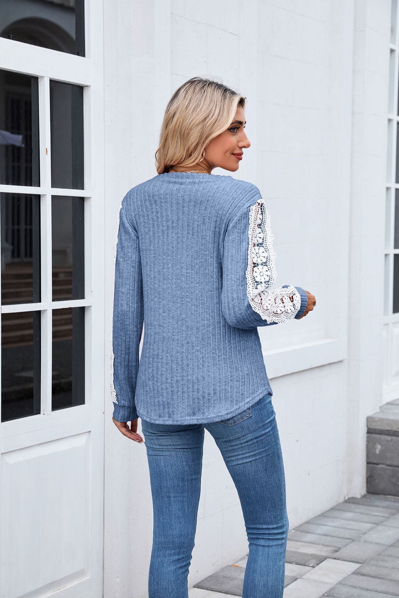 Women's V Neck Lace Long Sleeve Tunic Top