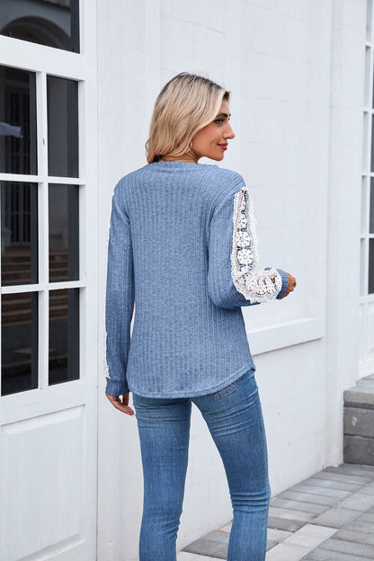 Women's V Neck Lace Long Sleeve Tunic Top