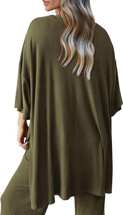 Women's 2 Piece Lounge Set Short Sleeve Top Wide Leg Pants